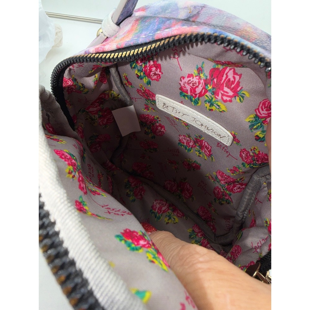 Betsey Johnson French Bulldog Floral Mini Backpack Blue Pink Rose Faux Leather - Picture 9 of 10